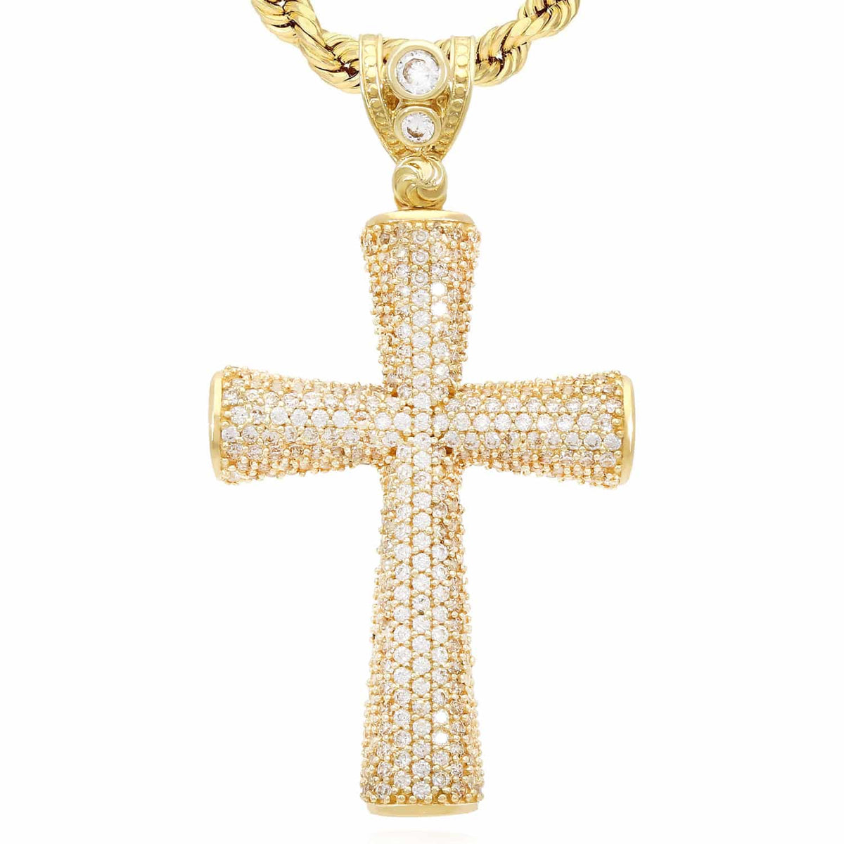 14K Yellow Gold CZ Pave Round Edges Cross Pendant 2"
