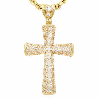 14K Yellow Gold CZ Pave Round Edges Cross Pendant 2"