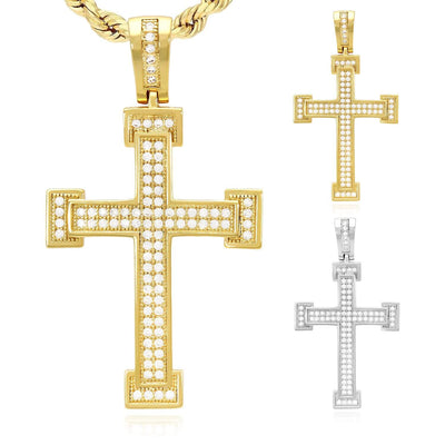 Yellow White Gold Over 925 Sterling Silver CZ Pave Milgrain Cross Pendant 1.69"