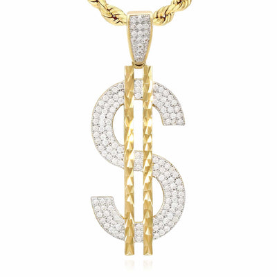 10K Yellow Gold CZ Dollar Sign Diamond-Cut Pendant 1.97"