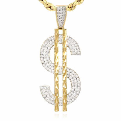 10K Yellow Gold CZ Dollar Sign Diamond Cut Pendant 1.97"