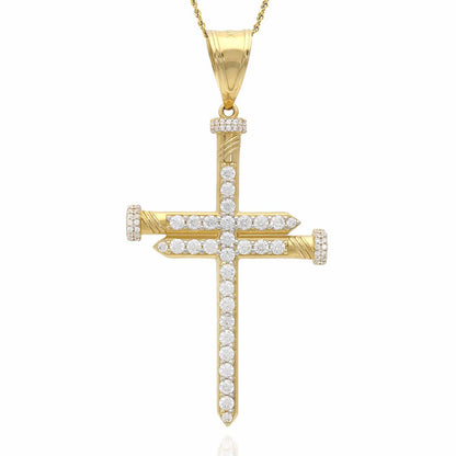 14K Yellow Gold CZ Nail Cross Pendant