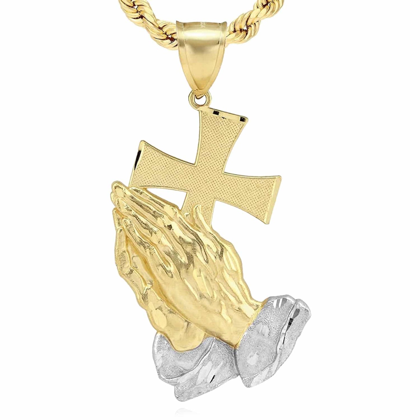 10K Real Gold Diamond-Cut Cross Praying Hands Religious Charm Pendant