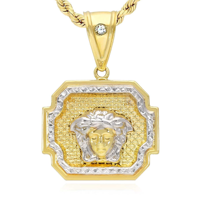 10K Yellow White Gold Two-Tone Framed Medusa Head Medallion Pendant 1.2"- 1.6"