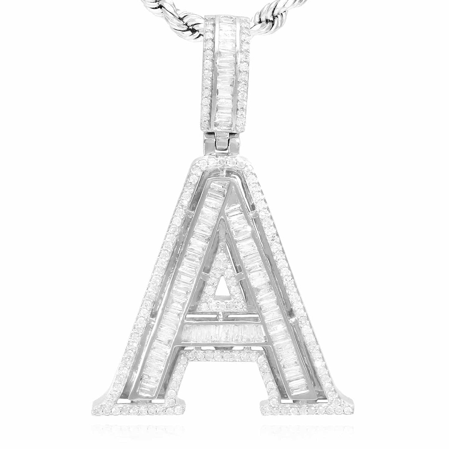 1.1CTW Real Diamond Baguette 14K White Gold Initial Letter Pendant 1.5"