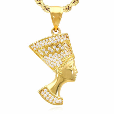 14K Yellow Gold CZ Nefertiti Head Pendant 1.8"