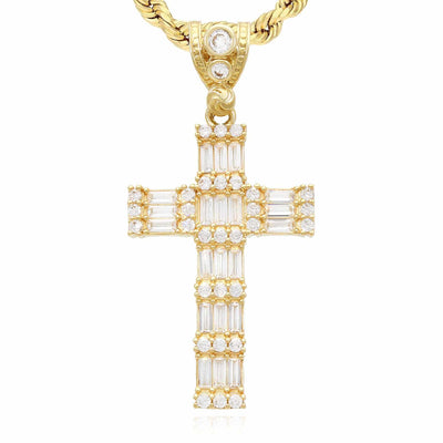 14K Yellow Gold Baguette and Round CZ Cross Pendant 1.8"