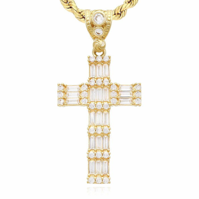 14K Yellow Gold Baguette and Round CZ Cross Pendant 1.8"