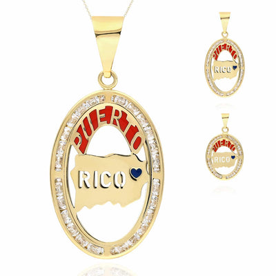 10K Yellow Gold CZ Enameled Puerto Rico Map Oval Shape Disc Pendant