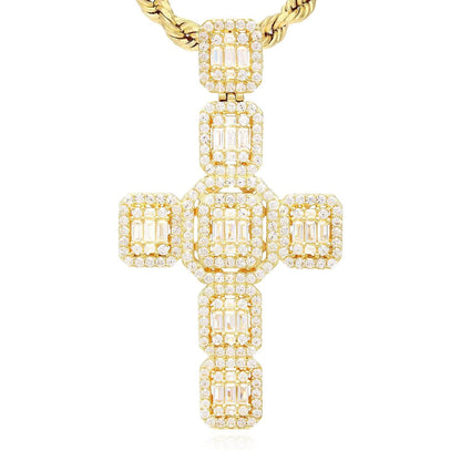 6.5CTW Baguette Round CZ Cluster 14K Gold Cross Pendant 2.4"
