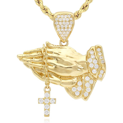 14K Yellow Gold CZ Religious Praying Hands Cross Pendant 1.36"