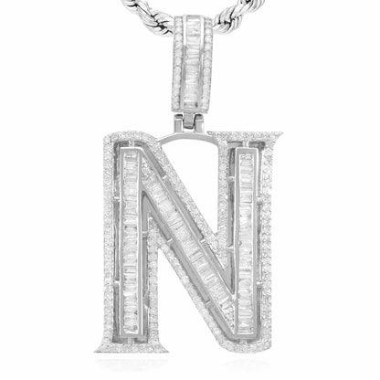 1.1CTW Real Diamond Baguette 14K White Gold Initial Letter Pendant 1.5"