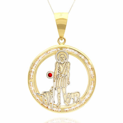 10K Yellow Gold CZ And Ruby Saint Lazare Round Medallion Pendant