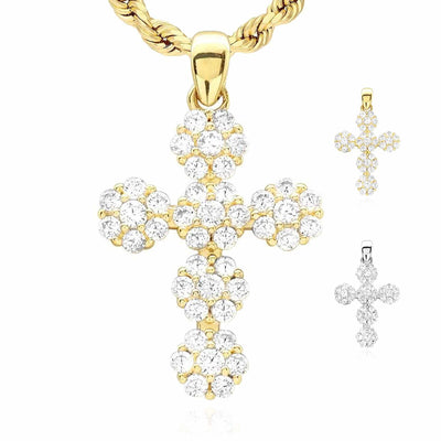 14k Solid Yellow White Gold 0.85Ct CZ Flower Design Cross Pendant