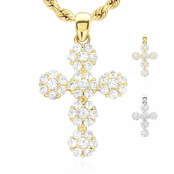 14k Solid Yellow White Gold 0.85Ct CZ Flower Design Cross Pendant