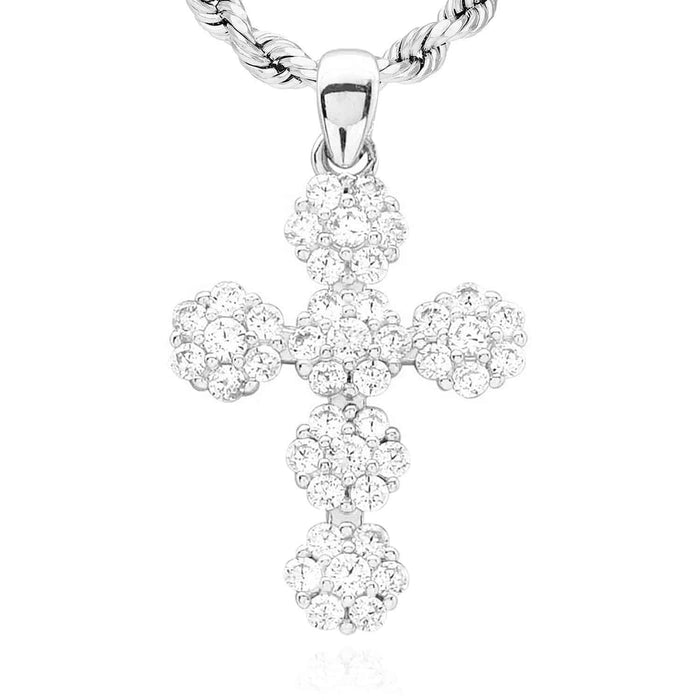 14k Solid Yellow White Gold 0.85Ct CZ Flower Design Cross Pendant