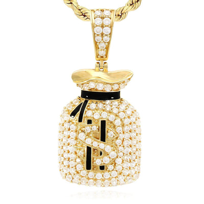 14K Yellow Gold CZ Black Enamel Cash Money Bag Pendant 1.8"