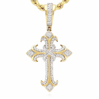 0.42CT TW. Natural Diamond Religious Cross Pendant 10K Yellow Gold 0.75"
