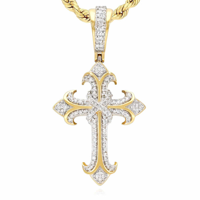 0.42CT TW. Natural Diamond Religious Cross Pendant 10K Yellow Gold 0.75"