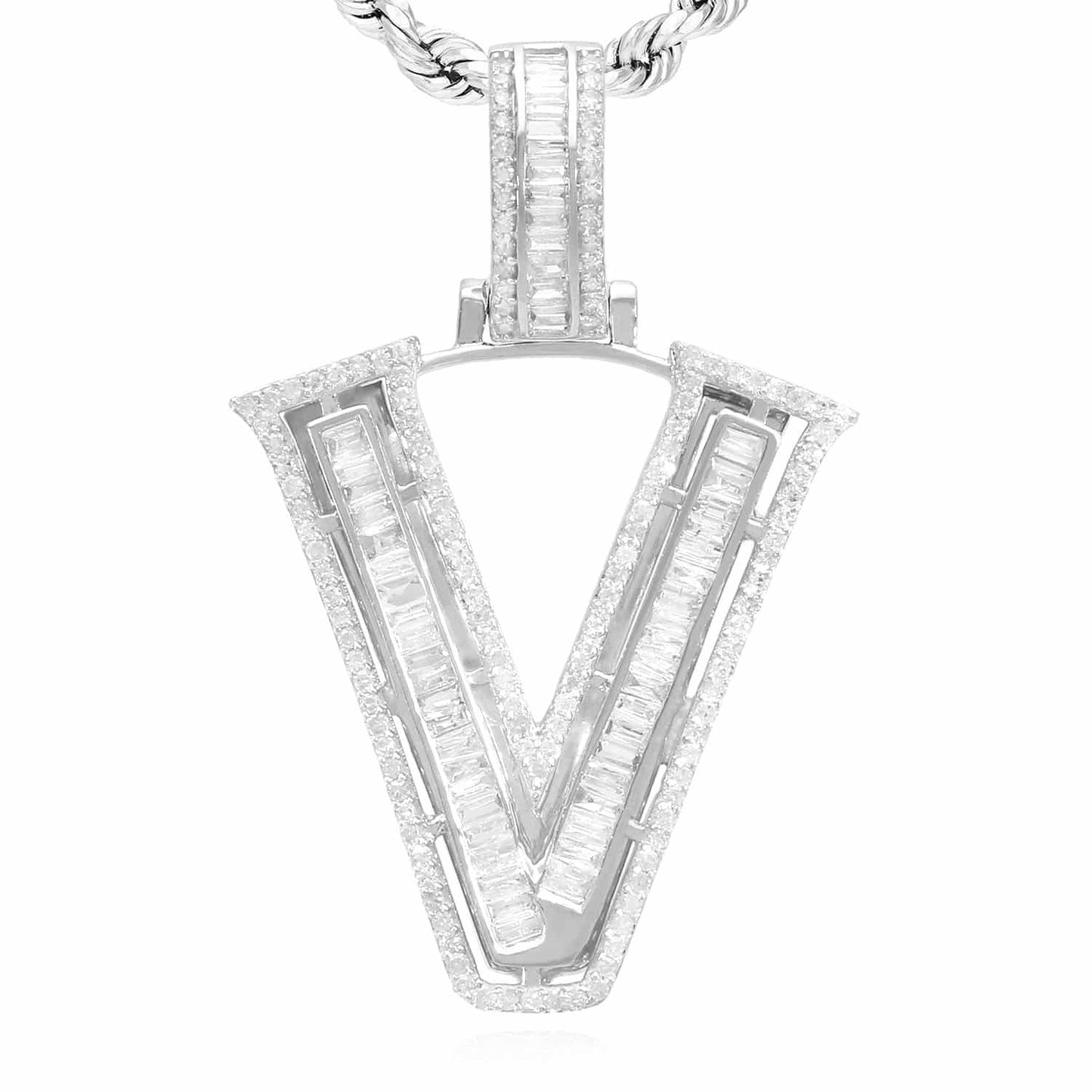 1.1CTW Real Diamond Baguette 14K White Gold Initial Letter Pendant 1.5"