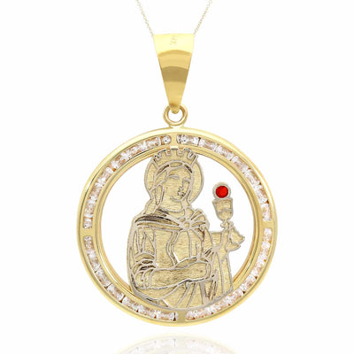 10K Yellow Gold CZ And Ruby Religious Santa Barbara Round Pendant