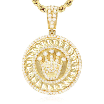 14K Yellow Gold CZ Crown Round Medallion Pendant 1.46"
