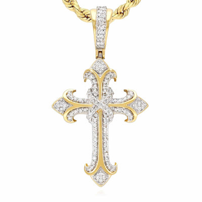 0.46CT TW. Natural Diamond Cross Pendant 10K Yellow Gold 1.6"