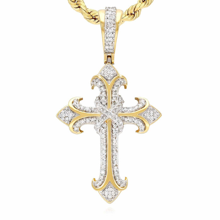 0.46CT TW. Natural Diamond Cross Pendant 10K Yellow Gold 1.6"