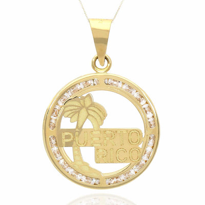 10K Yellow Gold CZ Puerto Rico Palm Tree Medallion Disk Pendant