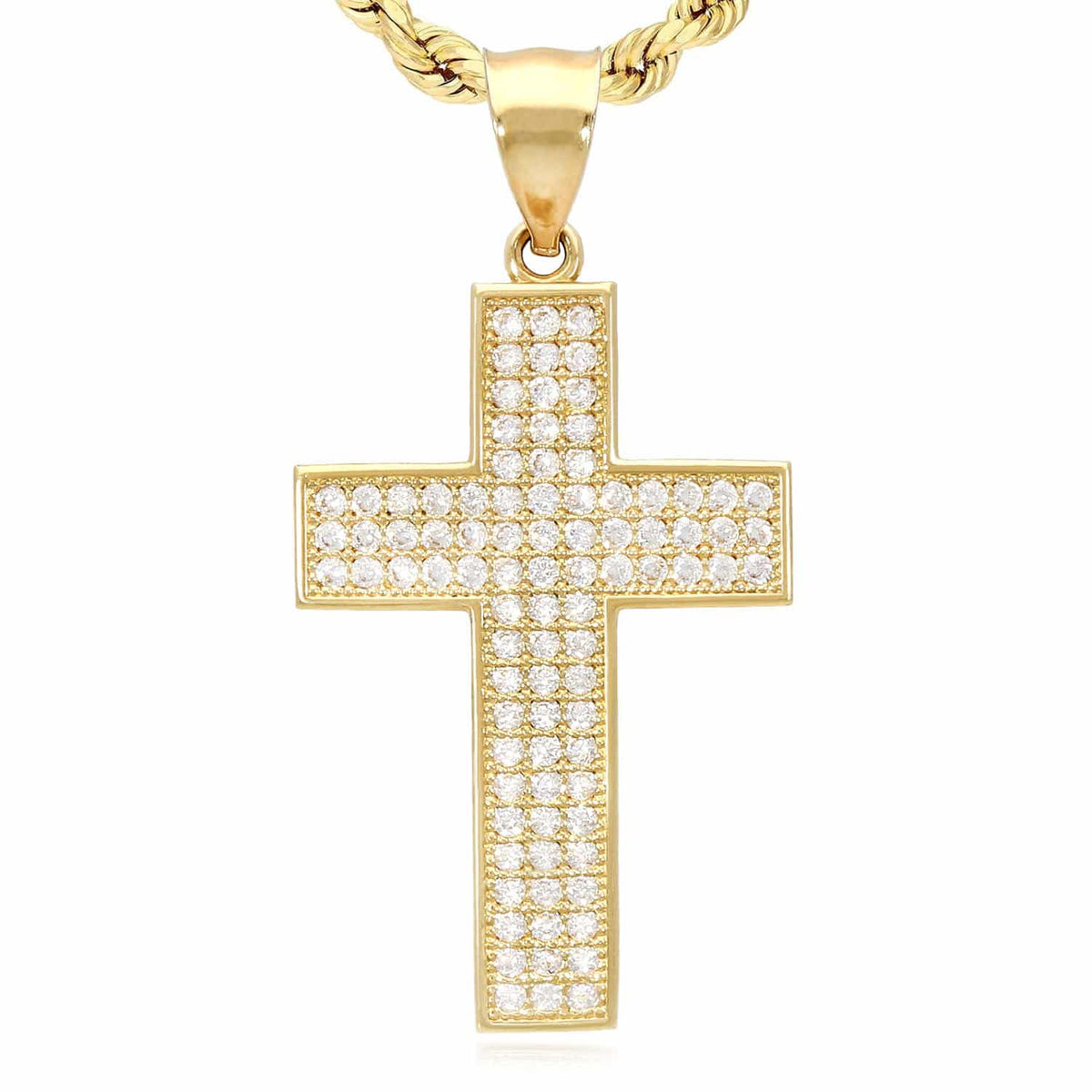 14K Yellow Gold CZ Pave Cross Pendant 1.57"