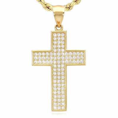 14K Yellow Gold CZ Pave Cross Pendant 1.57"