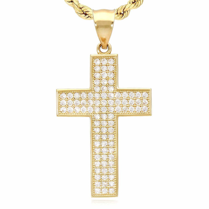 14K Yellow Gold CZ Pave Cross Pendant 1.57"