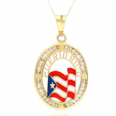 10K Yellow Gold CZ Enameled Puerto Rico Flag Oval Pendant 1.18"