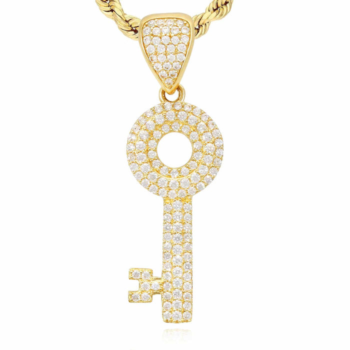 1.40CTW CZ Pave 10K Yellow Gold Key Pendant 1.57"