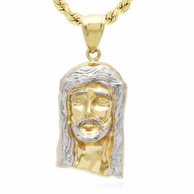 10K Gold Yellow White Diamond-Cut Jesus Head Pendant 0.8”-2.8"
