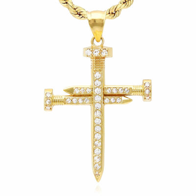10K Yellow Gold CZ Pave Nail Cross Pendant 1.77"