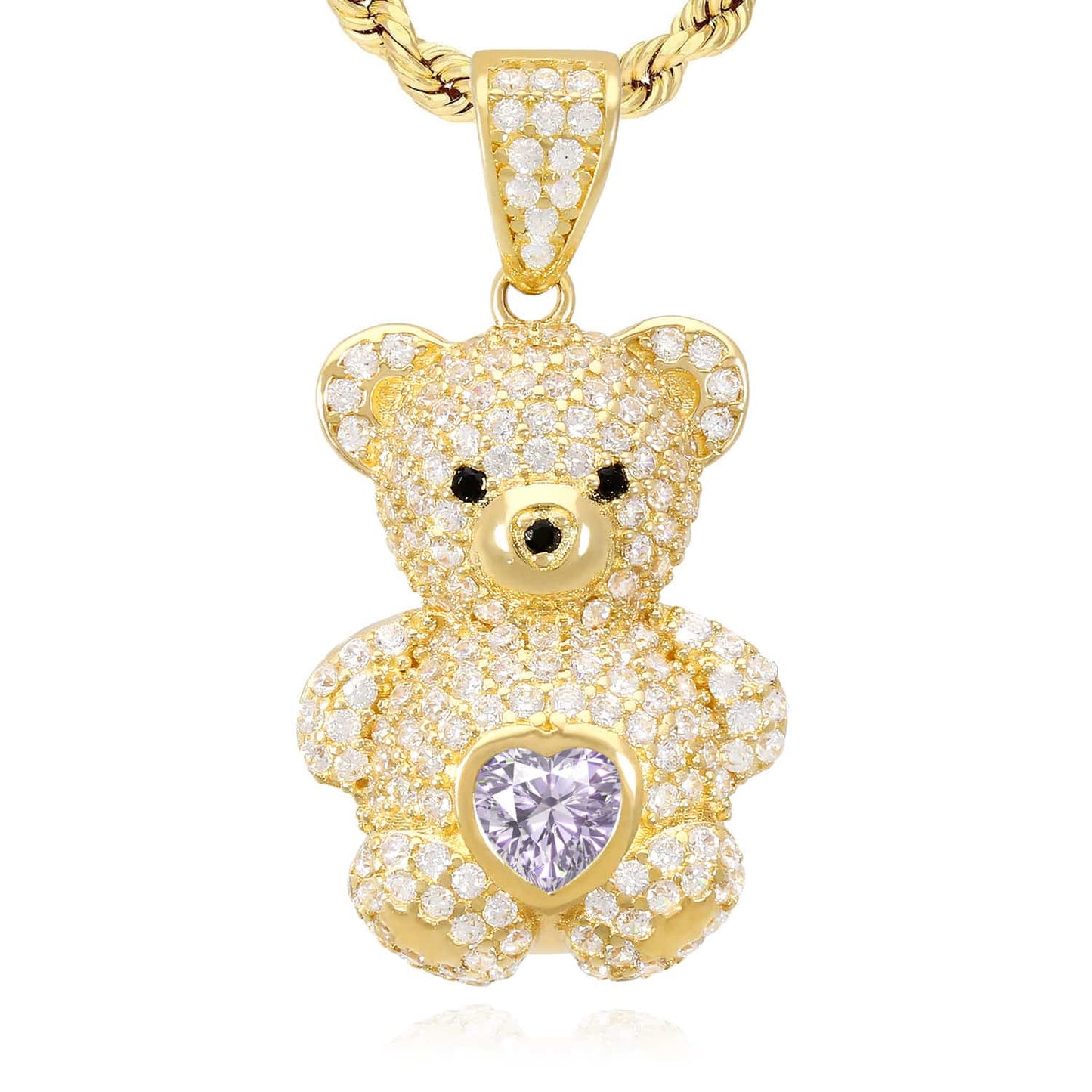 14K Gold CZ Color Birthstone Puffed Teddy Bear Charm Pendant 1.2"