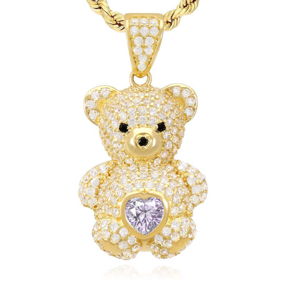 14K Gold CZ Color Birthstone Puffed Teddy Bear Charm Pendant 1.2"