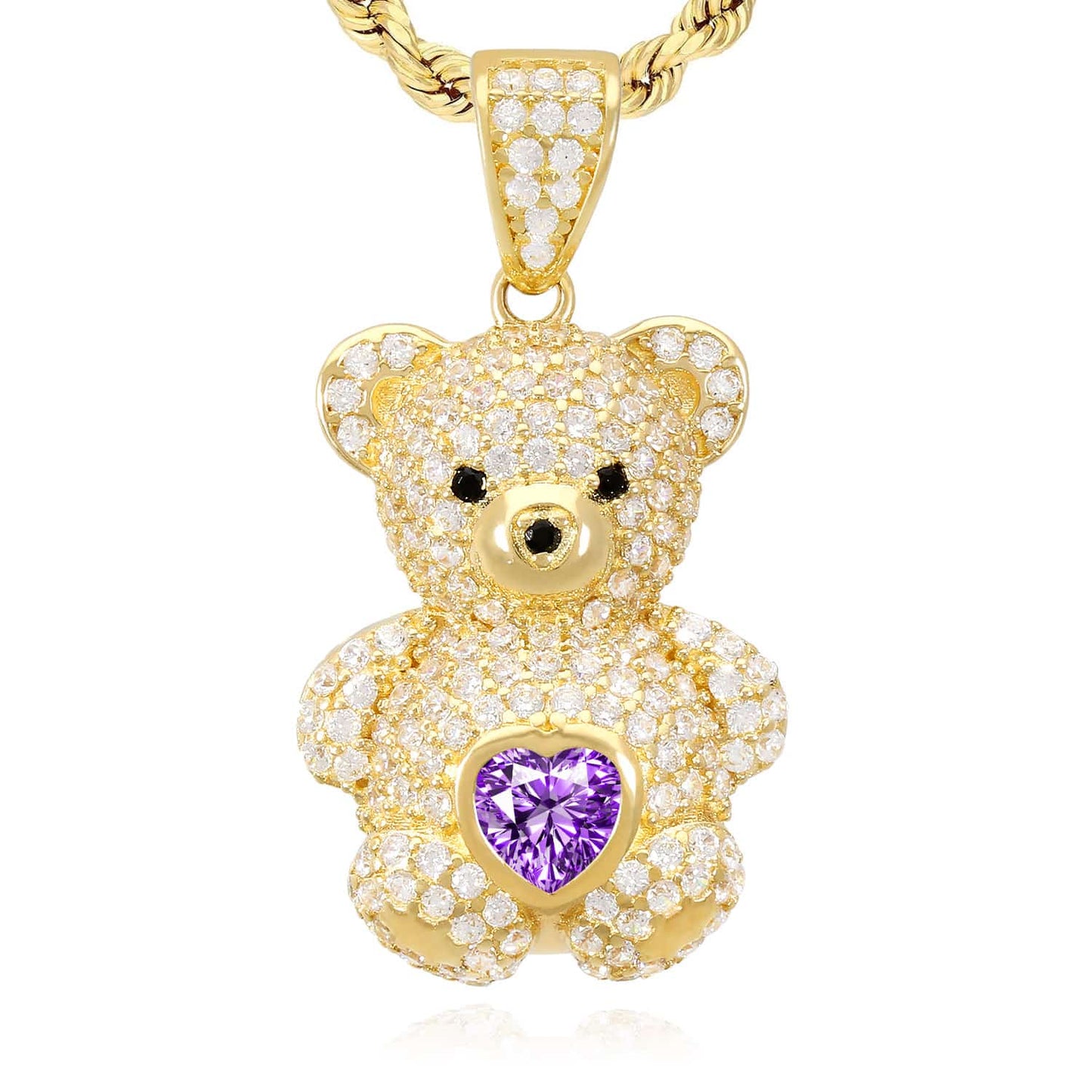 14K Gold CZ Color Birthstone Puffed Teddy Bear Charm Pendant 1.2"