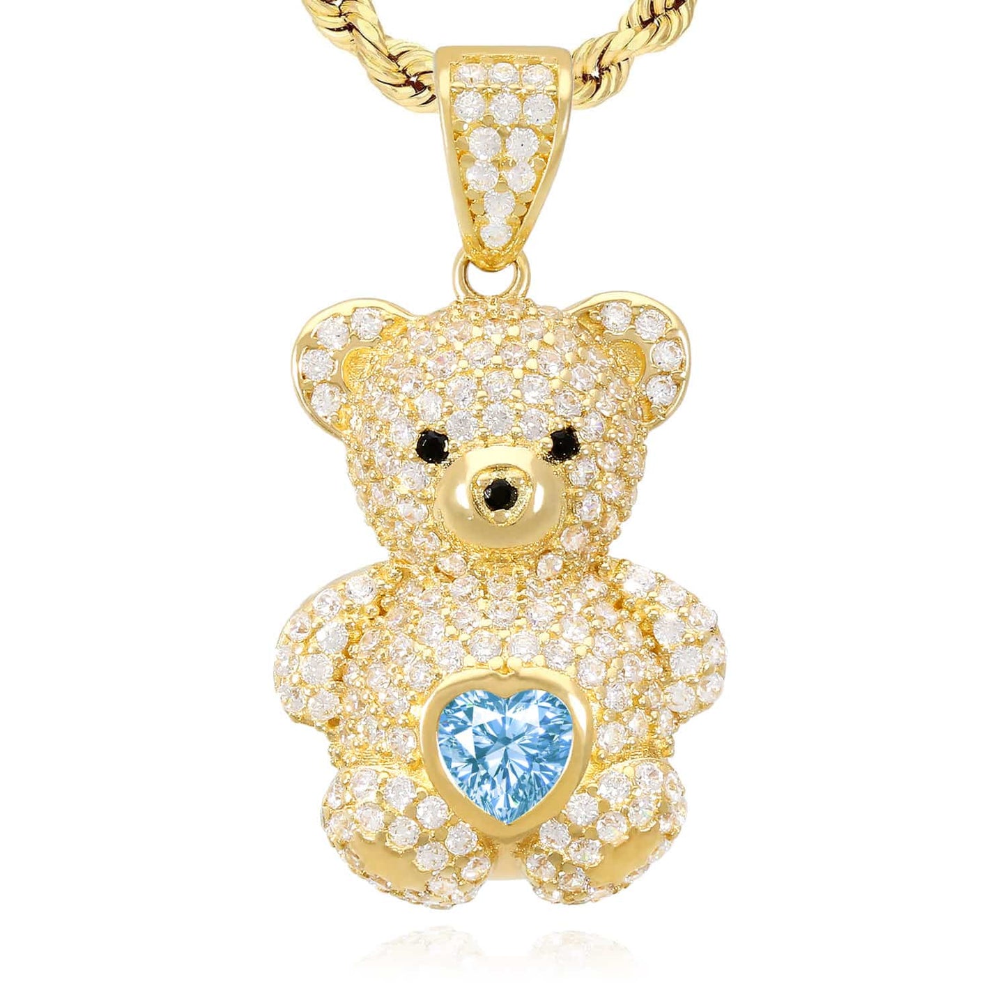 14K Gold CZ Color Birthstone Puffed Teddy Bear Charm Pendant 1.2"
