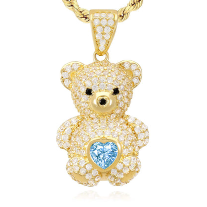 14K Gold CZ Color Birthstone Puffed Teddy Bear Charm Pendant 1.2"