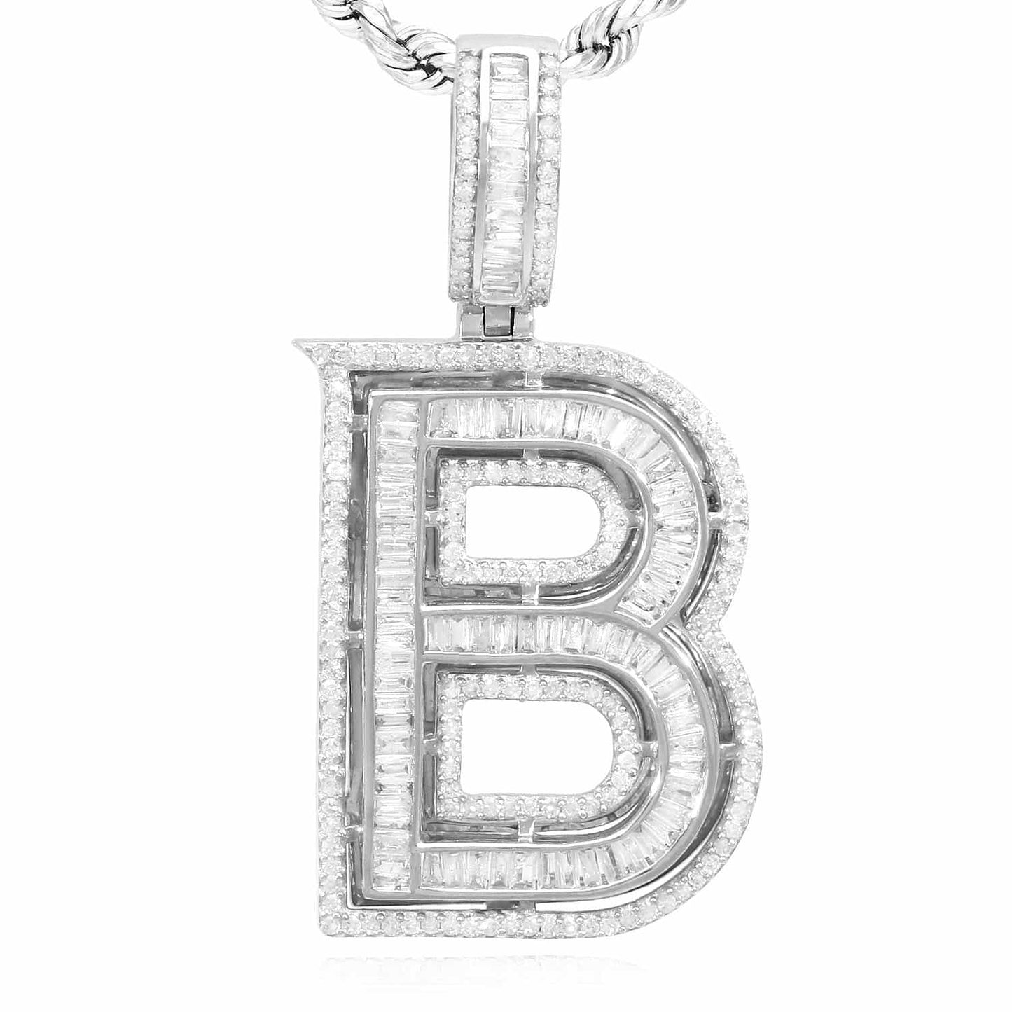 1.1CTW Real Diamond Baguette 14K White Gold Initial Letter Pendant 1.5"