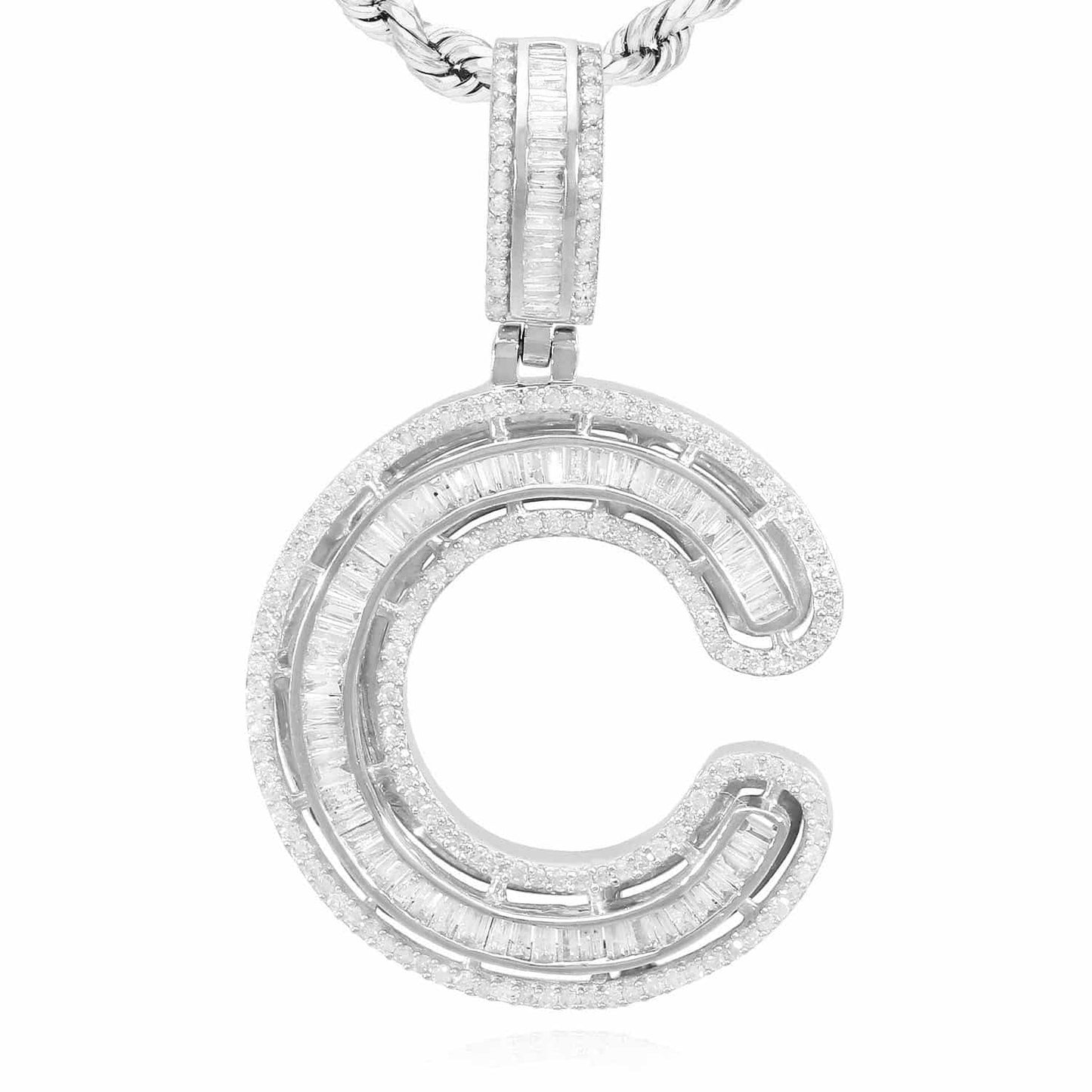 1.1CTW Real Diamond Baguette 14K White Gold Initial Letter Pendant 1.5"