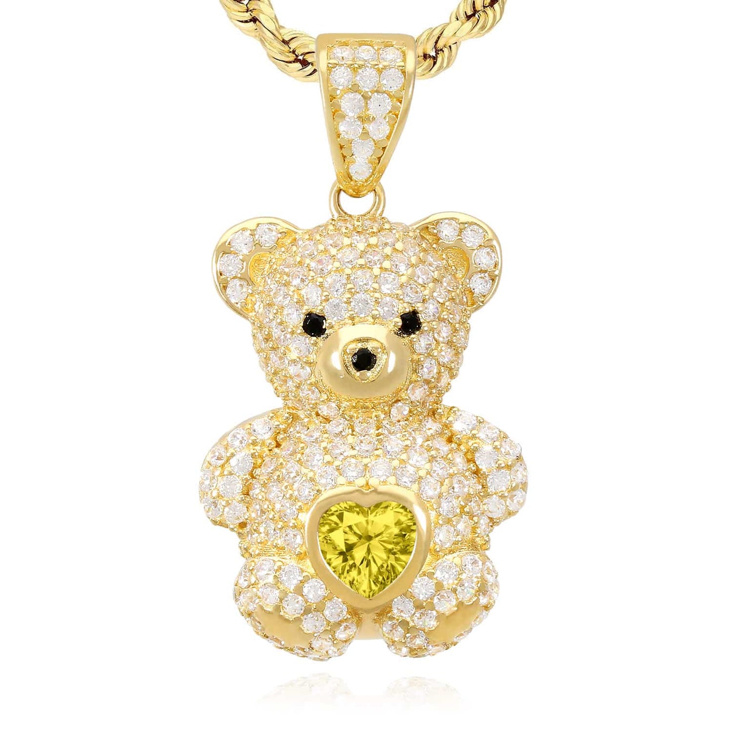 14K Gold CZ Color Birthstone Puffed Teddy Bear Charm Pendant 1.2"