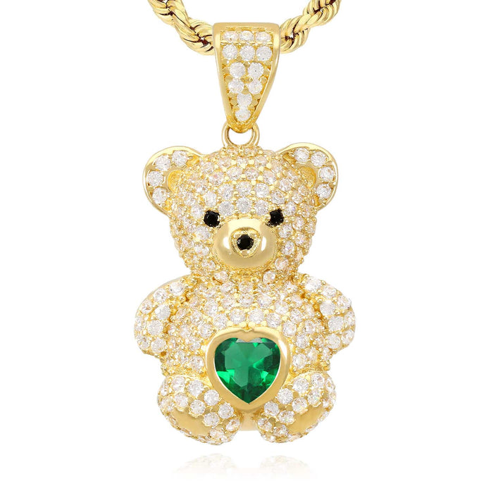 14K Gold CZ Color Birthstone Puffed Teddy Bear Pendant 1.2"