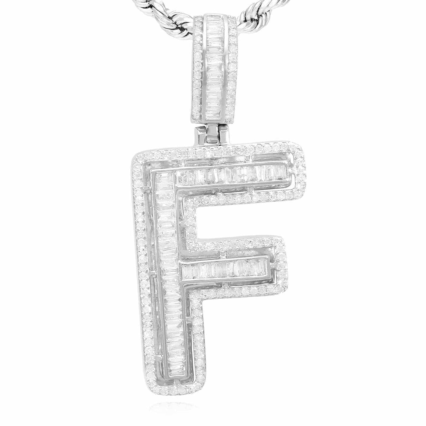 1.1CTW Real Diamond Baguette 14K White Gold Initial Letter Pendant 1.5"