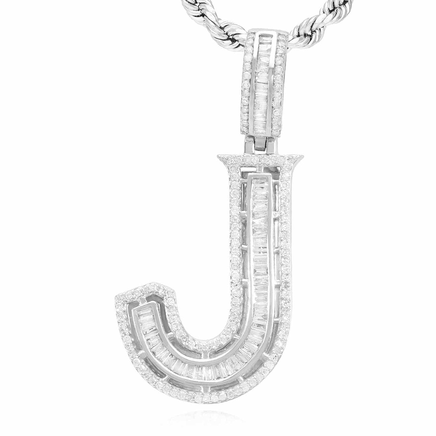 1.1CTW Real Diamond Baguette 14K White Gold Initial Letter Pendant 1.5"