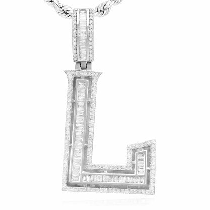1.1CTW Real Diamond Baguette 14K White Gold Initial Letter Pendant 1.5"