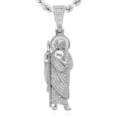 18K White Gold Over Silver CZ Pave Religious St. Jude Pendant - WJD Exclusives