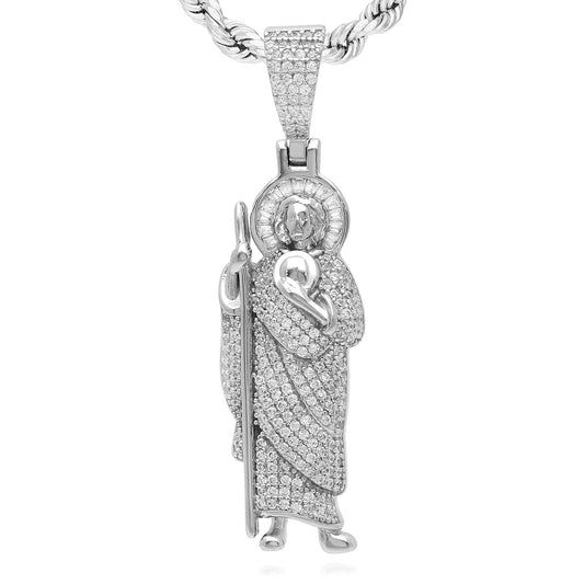 18K White Gold Over Silver CZ Pave Religious St. Jude Pendant